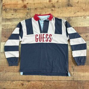 Guess Jeans Men's Vintage striped long sleeve embroidered polo shirt -M